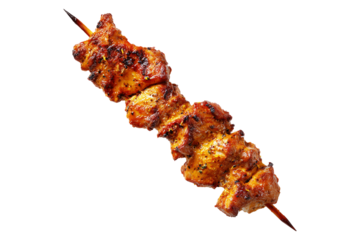 Anticuchos grilled beef meat skewer isolated on white transparent background, concept of South American barbecue cuisine.