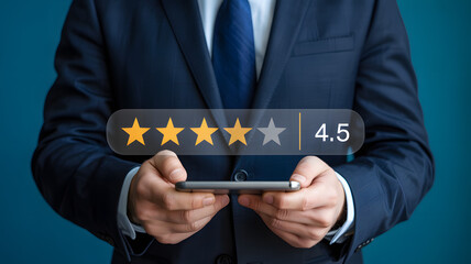 Businessman in suit displaying a 45 stars rating on a mobile phone against a dark blue background, showcasing performance and customer satisfaction