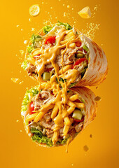 Stacked fresh wraps overflowing with delicious fillings and golden sauce