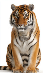 Fototapeta premium Tiger Sitting Calmly Isolated on White Background 