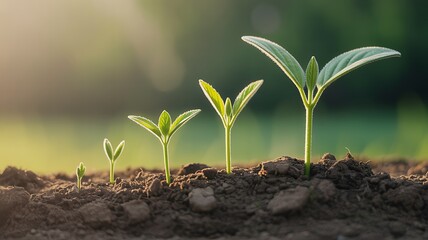 seedlings growing stages in soil.