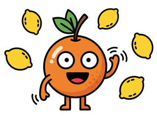 A cheerful cartoon orange character with a smiling face and arms raised, surrounded by several yellow lemons.