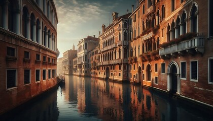 Naklejka premium Historic Venetian canal with ancient brick buildings and gondolas