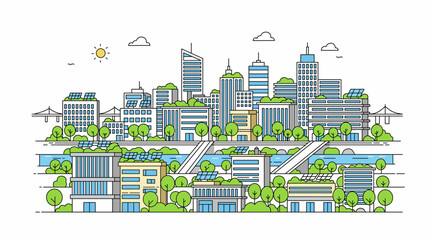 Obraz premium Modern Outline Green City with Solar Panels and Trees Illustration