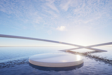Minimal abstract podium on calm water with geometric architectural frames and soft sunlight, perfect for product display, luxury branding, and modern backgrounds, 3d rendering