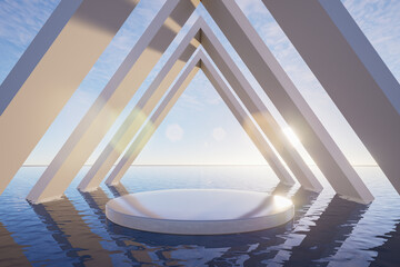 Minimal abstract podium on calm water with geometric architectural frames and soft sunlight, perfect for product display, luxury branding, and modern backgrounds, 3d rendering