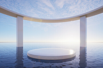 Minimal abstract podium on calm water with geometric architectural frames and soft sunlight, perfect for product display, luxury branding, and modern backgrounds, 3d rendering