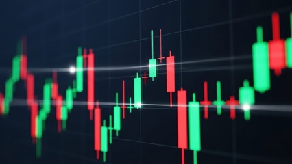 Financial Chart: A dynamic financial chart depicts fluctuating market trends, using red and green candlesticks to represent gains and losses.