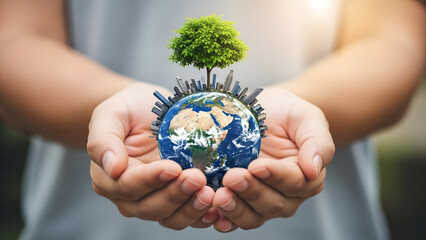 Hands holding a sustainable earth with a tree and city skyline