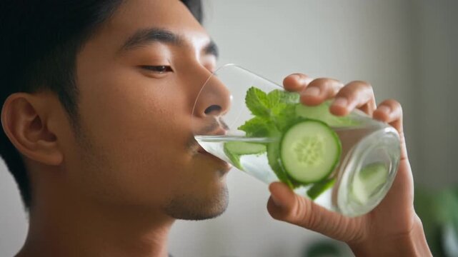 Young Man Drinking Refreshing Cucumber and Mint Infused Water for Healthy Hydration Wellness Concept