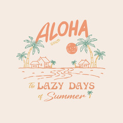 palm tree handmade doodle style. Bali Hawaii t-shirt print. Hand drawn text with decor elements vintage vector clipart, ideal for summer t-shirt, surf studio poster and more © HOT CHILI