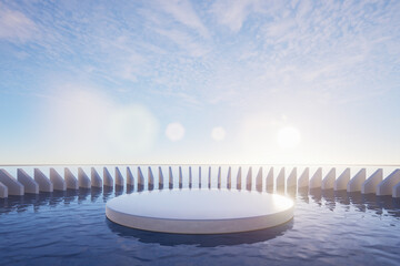Minimal abstract podium on calm water with geometric architectural frames and soft sunlight, perfect for product display, luxury branding, and modern backgrounds, 3d rendering