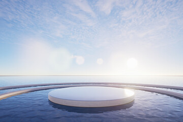 Minimal abstract podium on calm water with geometric architectural frames and soft sunlight, perfect for product display, luxury branding, and modern backgrounds, 3d rendering