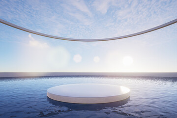 Minimal abstract podium on calm water with geometric architectural frames and soft sunlight, perfect for product display, luxury branding, and modern backgrounds, 3d rendering