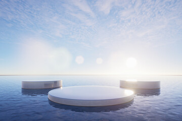 Minimal abstract podium on calm water with geometric architectural frames and soft sunlight, perfect for product display, luxury branding, and modern backgrounds, 3d rendering