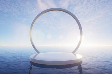 Minimal abstract podium on calm water with geometric architectural frames and soft sunlight, perfect for product display, luxury branding, and modern backgrounds, 3d rendering