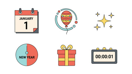 A colorful icon set featuring Happy New Years elements, including a calendar, clock, gift, and fireworks, against a clean white background with a celebratory mood.