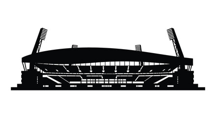 A striking black and white depiction of a large sports stadium showcasing its architectural design silhouette