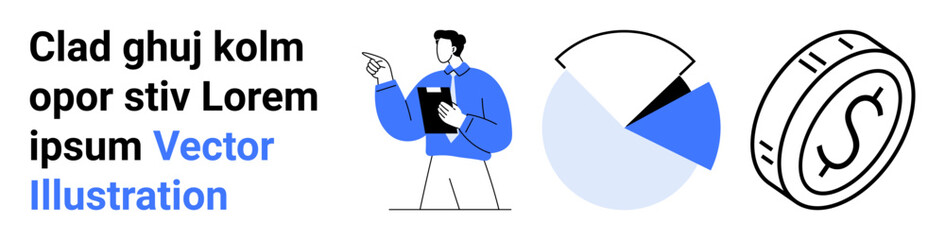 Business planning, analytics, finance, data presentation, investment, economic studies. Man with clipboard pointing, pie chart coin illustration. Business planning and analytics concept