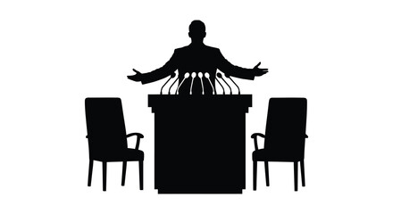 A black silhouette of a speaker at a podium addressing an empty conference room silhouette