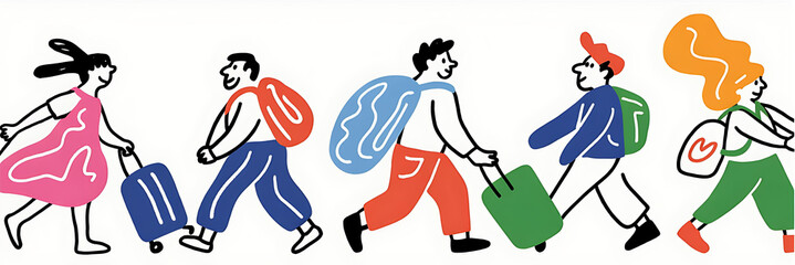 Colorful cartoon people with backpacks and luggage traveling together