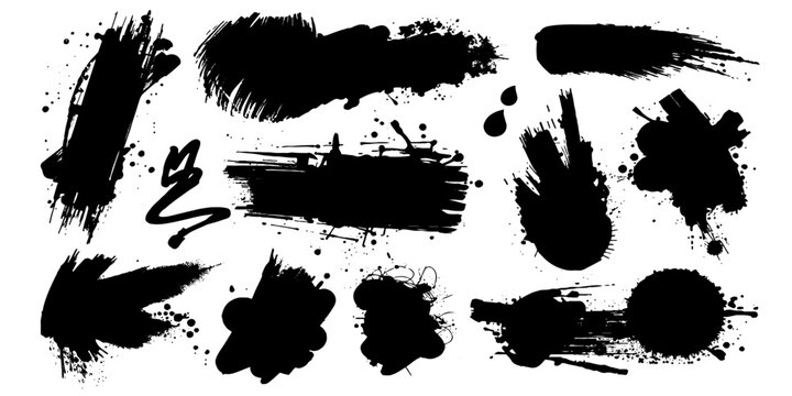 Set of ink splashes black grunge paint brush strokes on a white background. abstract ink textures, rough dry-brush marks, splatters and smudges, hand-painted acrylic and ink style.