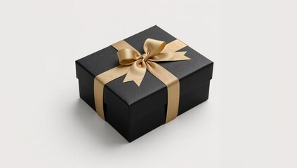 Obraz premium Black Gift Box with Gold Ribbon and Bow on a White Background