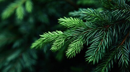 A close-up view of vibrant green pine tree needles, showcasing their fine texture and rich color against a blurred background.