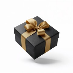 Obraz premium A square, matte black gift box with a luxurious gold ribbon and bow floating on a white background.
