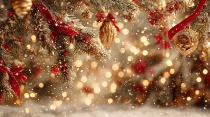 Obraz premium A festive Christmas tree adorned with ornaments and shimmering lights, creating a magical, warm atmosphere with falling snowflakes.