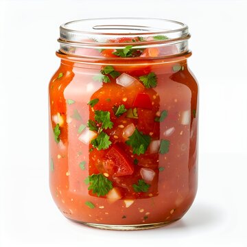 A flavorful jar of homemade salsa on a clean white backdrop showcases vibrant colors and textures