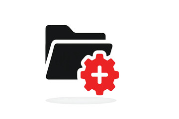 Vector  of directory and gear wheel with plus sign. Symbol of user interface options, user statistics and high tech project.new