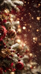 A festive Christmas tree adorned with vibrant ornaments, sparkling with snowflakes and warm, glowing lights against a rich backdrop.