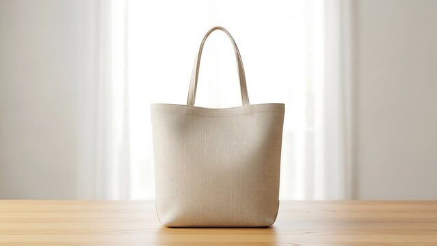 Refined cream tote bag standing straight in full frontal view on natural wood surface, soft off-white background, minimalist lifestyle branding photography