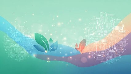 Abstract digital art with leaves and binary code background.