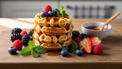 Delicious stack of waffles with berries and syrup on wooden board