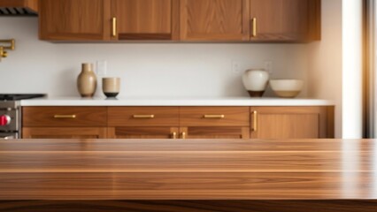 Rich walnut wood kitchen surface with mid-century modern interior background, warm afternoon light, premium lifestyle product background photography