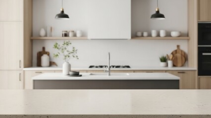 Smooth beige quartz kitchen table with Japandi-style interior background, balanced daylight, minimalist product background photography