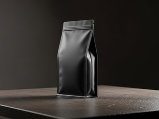 Matte black standing pouch on dark concrete tabletop, low frontal angle, cinematic product packaging photography for premium branding