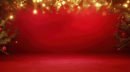 A festive background featuring Christmas tree branches adorned with lights and ornaments against a vibrant red backdrop.
