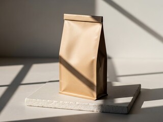 Matte kraft standing pouch on pale stone slab surface, natural daylight with window shadow lines, organic packaging photography for eco-friendly branding