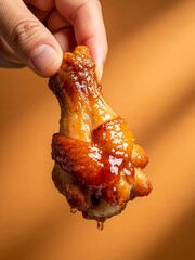 Crispy honey soy chicken wing held in hand, warm amber background, snack food photography for bold food ads and modern branding