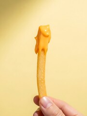 Golden french fry dipped in cheddar cheese held by hand, pastel yellow background, studio snack photography for modern food branding and ads