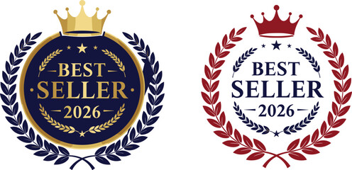 Best seller badge, 2026 product label, crown laurel emblem, dark blue and red seal, premium endorsement stamp, retail award graphic