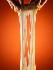 Mozzarella stick pulled apart with melted cheese stretch, vivid orange background, indulgent snack photography for modern food ads and branding