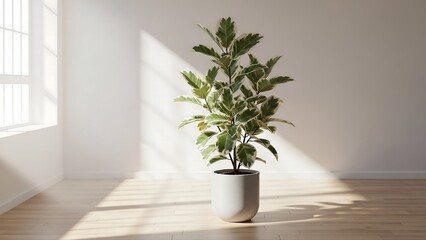Variegated ficus shivereana standing upright in minimalist studio, soft window daylight, premium plant photography for luxury lifestyle and interior branding