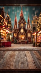 Fototapeta premium A cozy, festive scene featuring Christmas-themed buildings adorned with lights, creating a warm holiday atmosphere.