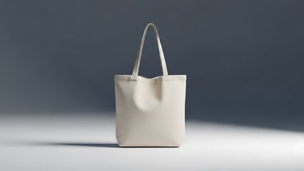 Premium cream canvas tote bag standing upright in centered front view, soft charcoal grey background, minimalist product photography for modern branding and mockups