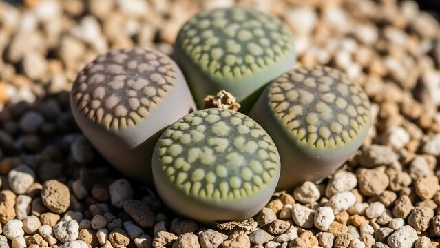 Rare lithops living stone plant among fine gravel, macro desert botanical photography with natural sunlight for modern minimal stock visuals
