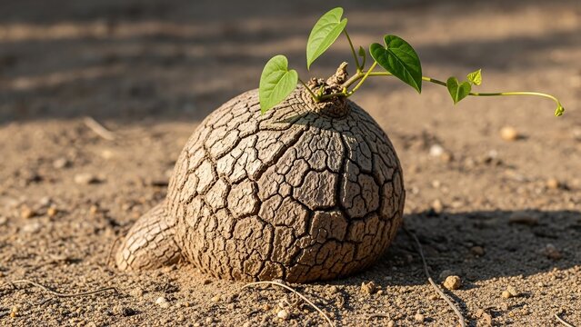 Rare dioscorea elephantipes caudex plant emerging from sandy soil, sculptural form with natural side lighting, contemporary botanical art photography for collector decor